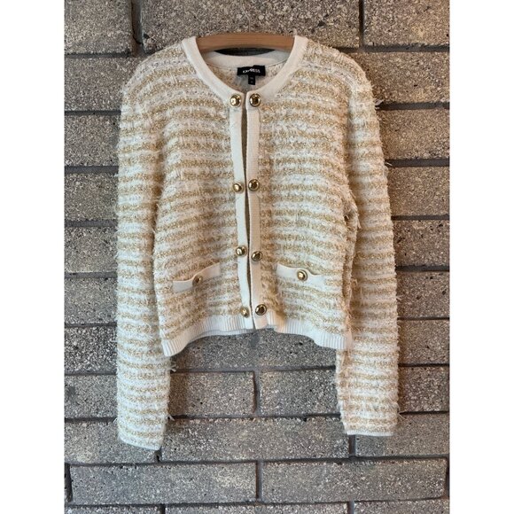 Gold Button Front Striped Bouclé Cardigan Sweater For Women - Express Size S Whi - Picture 4 of 13
